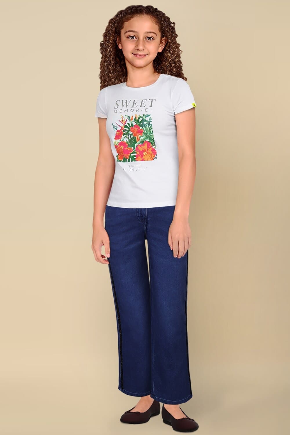 Girls White Printed Casual T-shirt