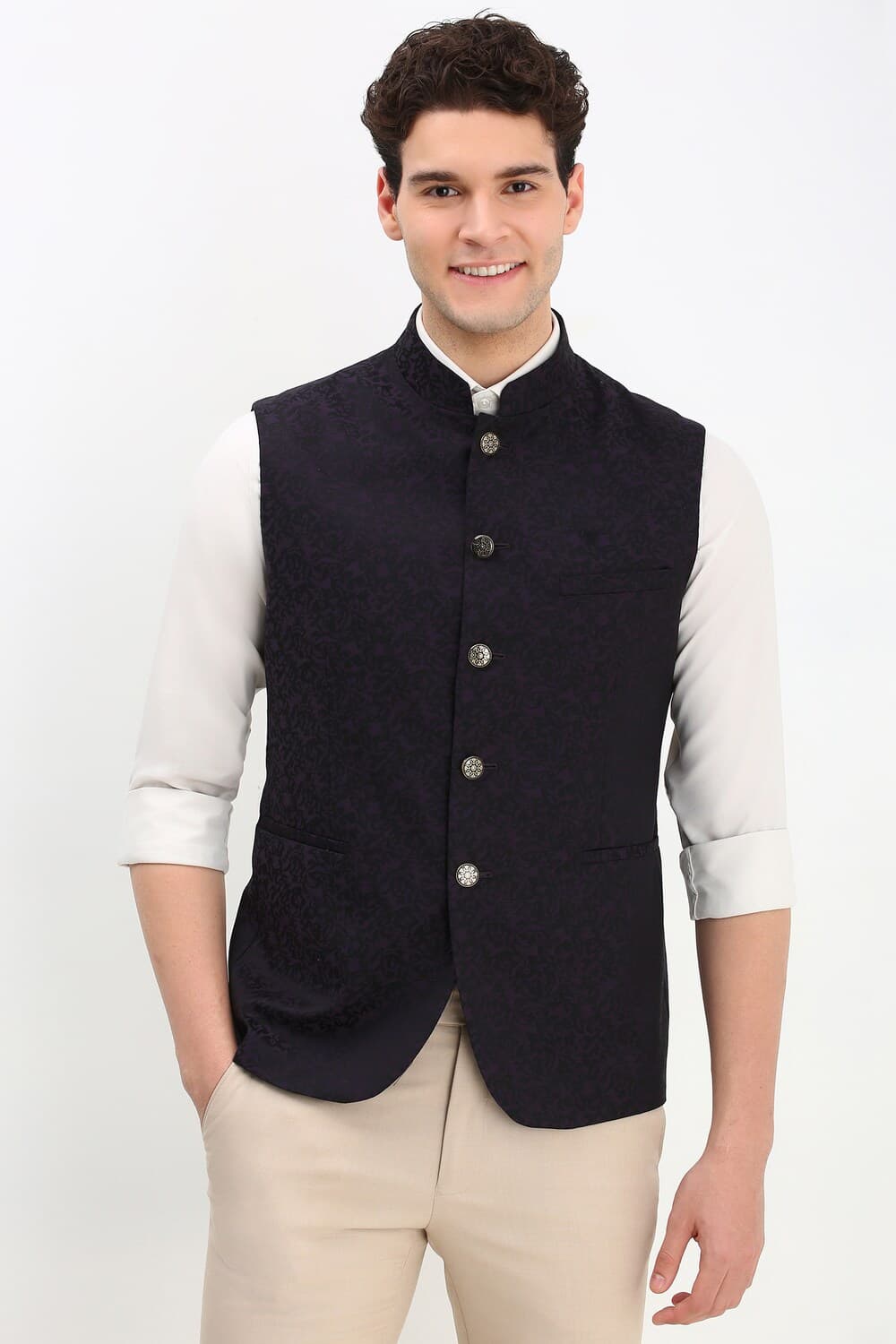 Men Printed Black Party Nehru Jacket