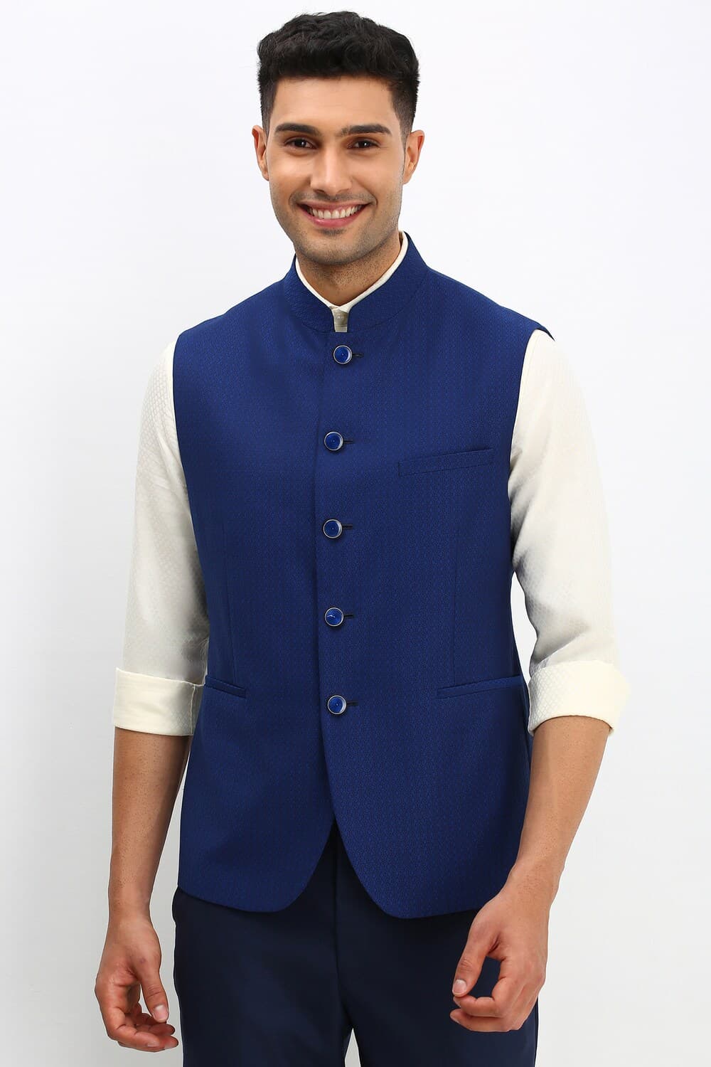 Men Printed Blue Party Nehru Jacket | Allen Solly