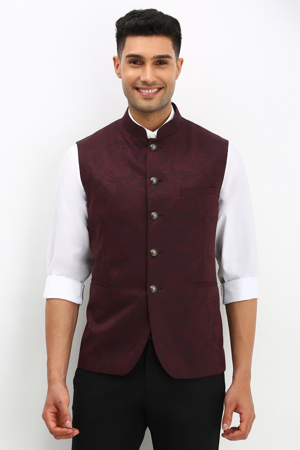 Men Printed Maroon Party Nehru Jacket