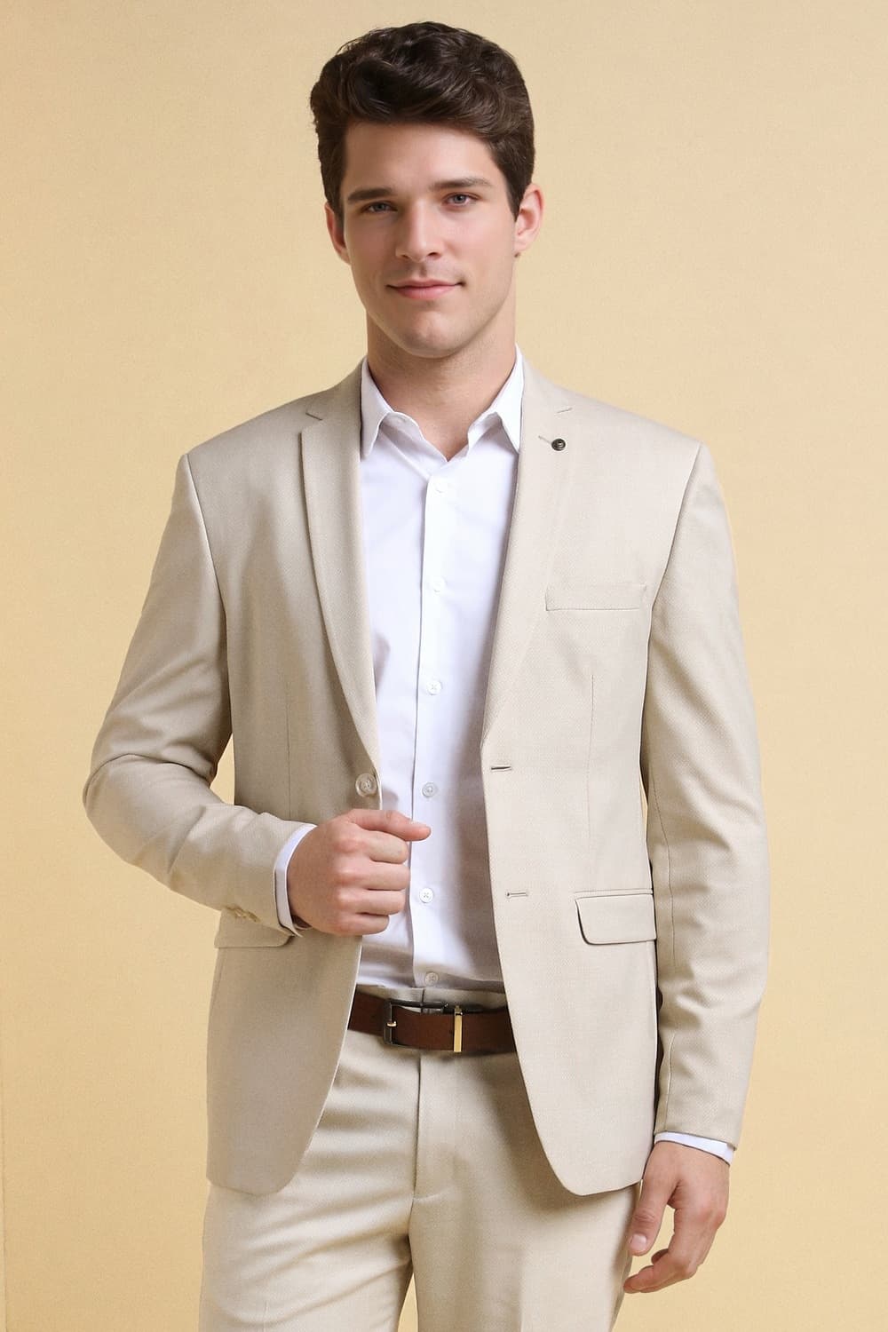 Men Beige Slim Fit Textured Formal Blazer