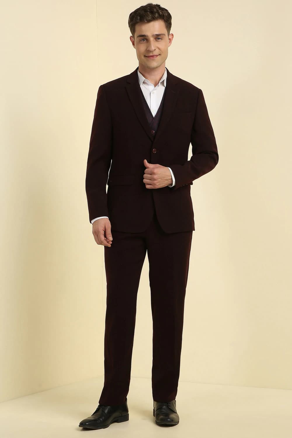 Men Maroon Slim Fit Solid Formal Three Piece Suit | Allen Solly