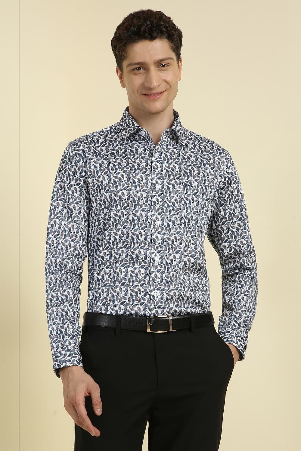Men White Printed Full Sleeves Formal Shirt