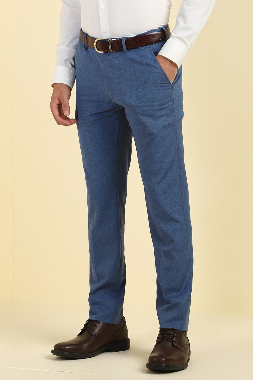 Men Blue Textured Formal Trousers