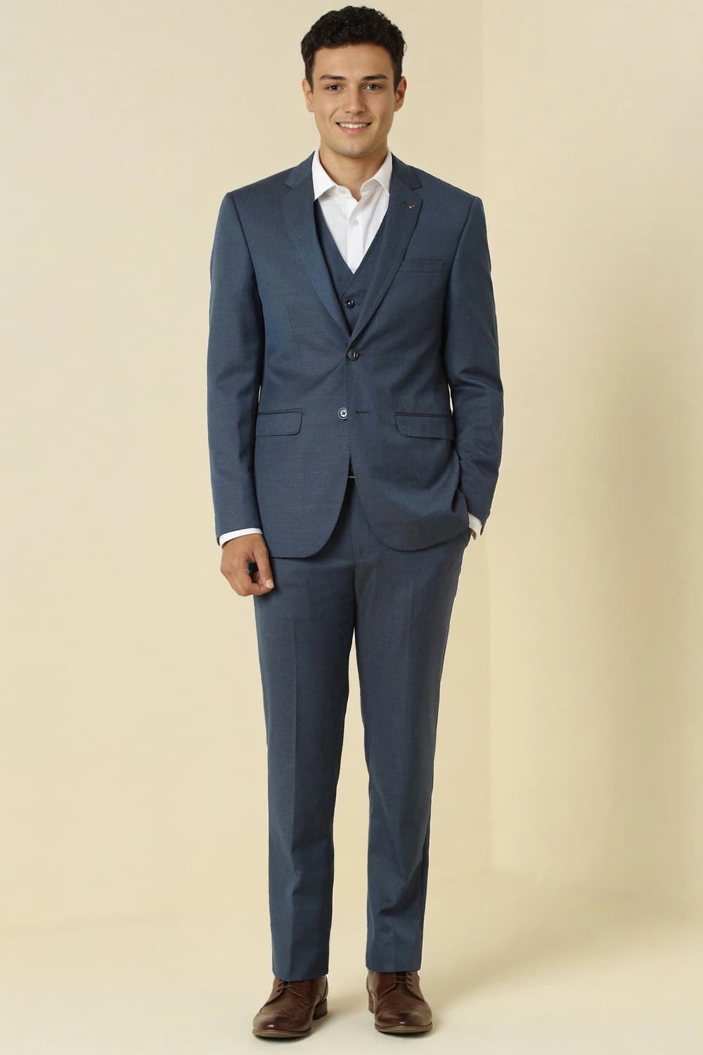 Men Navy Textured Formal Three Piece Suit | Allen Solly