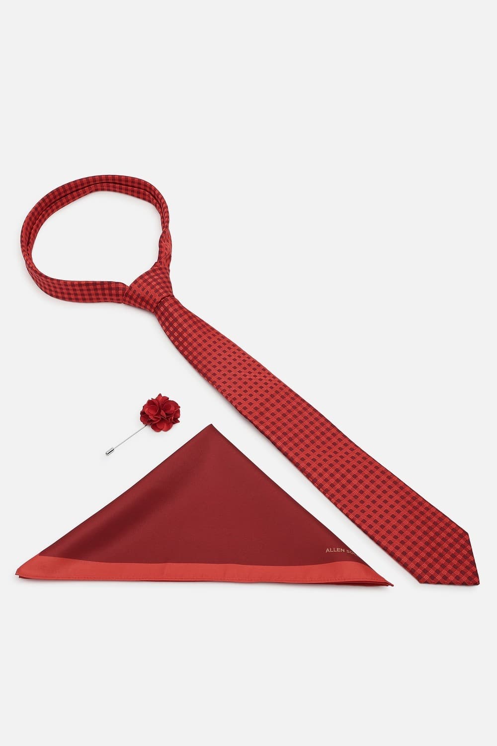 Men Red Embroidered Party Tie, Pocket Square and Lapel Pin