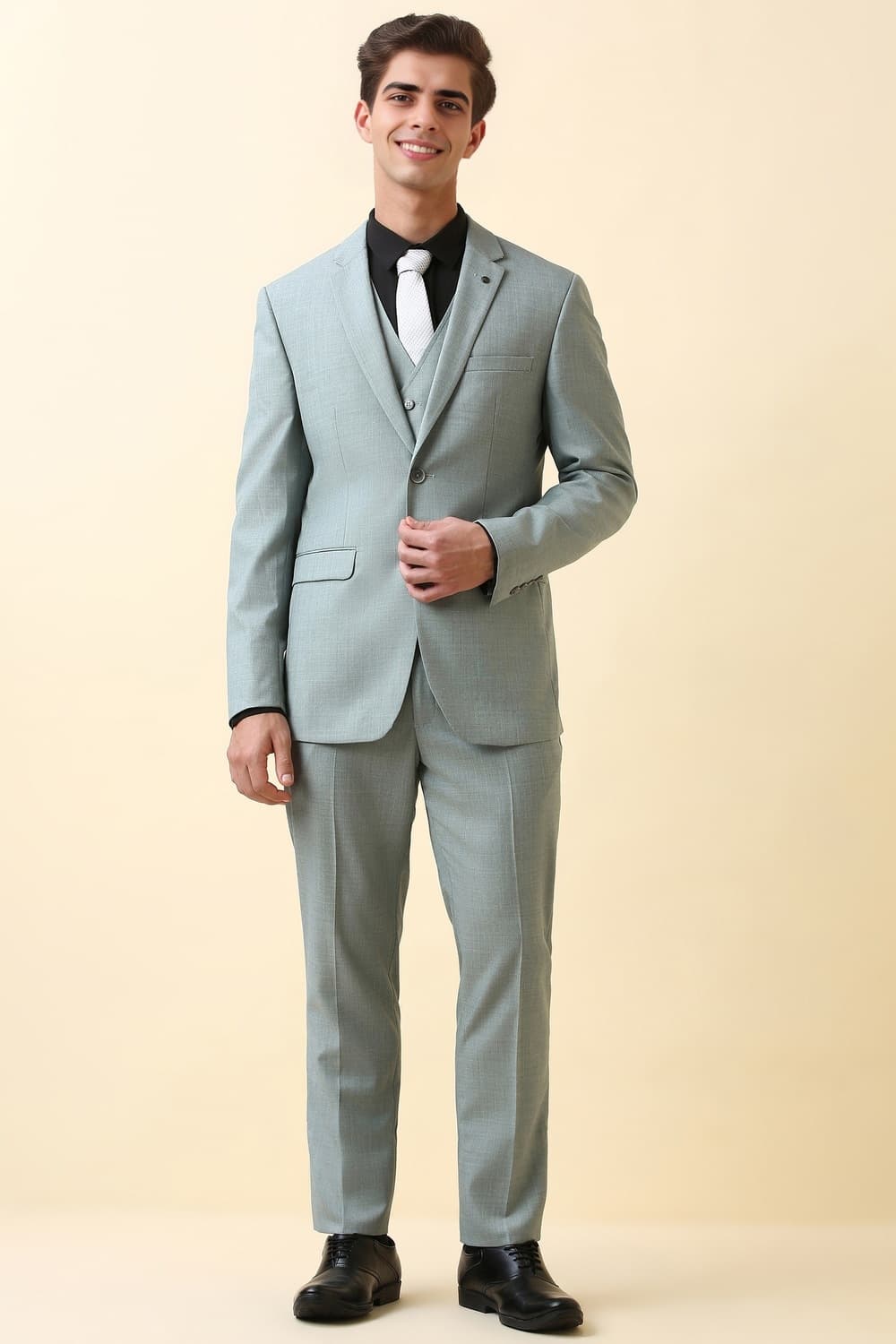 Men Light Green Textured Formal Three Piece Suit
