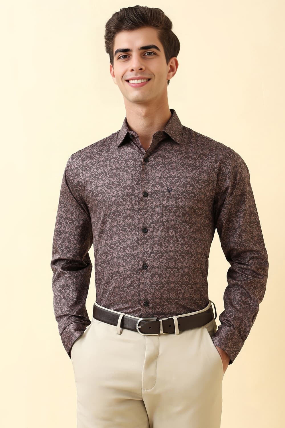 Men Brown Print Full Sleeves Formal Shirt