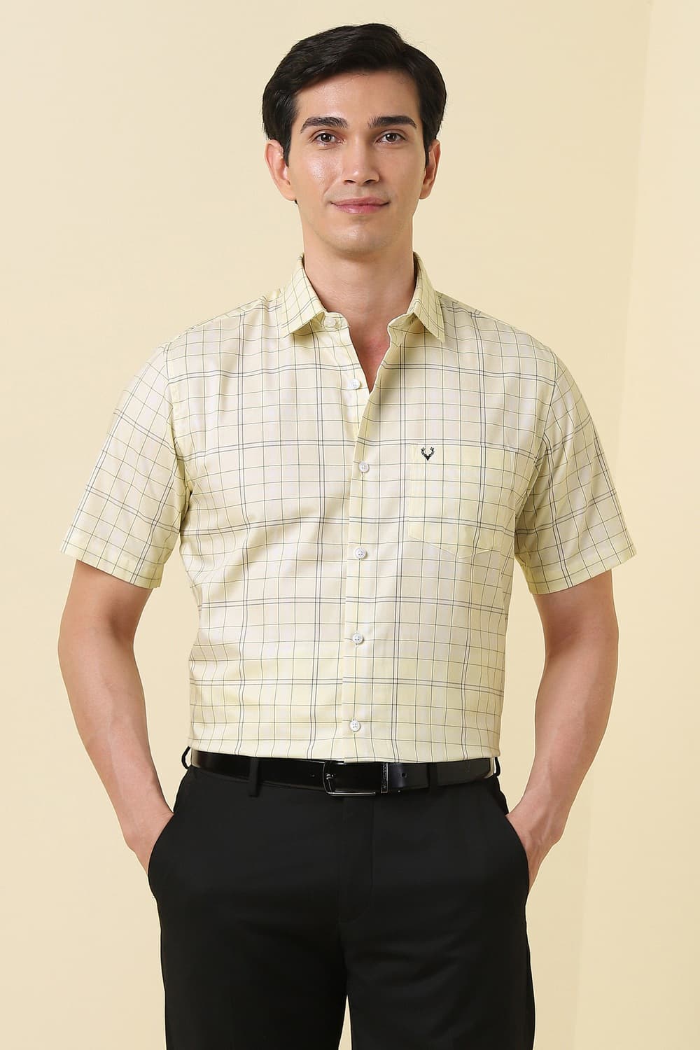 Men Beige Check Half Sleeves Formal Shirt | Allen Solly