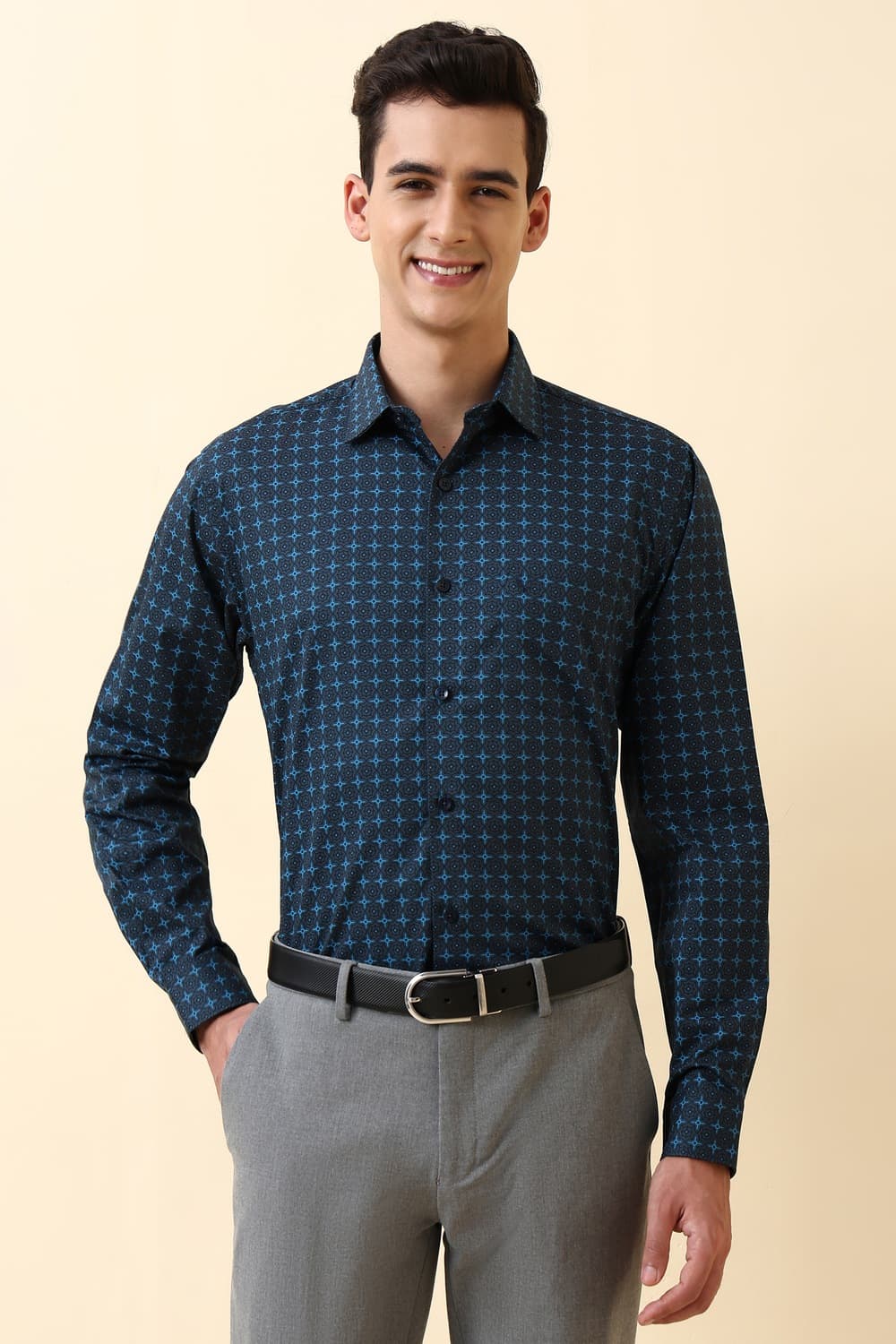 Men Navy Print Full Sleeves Formal Shirt