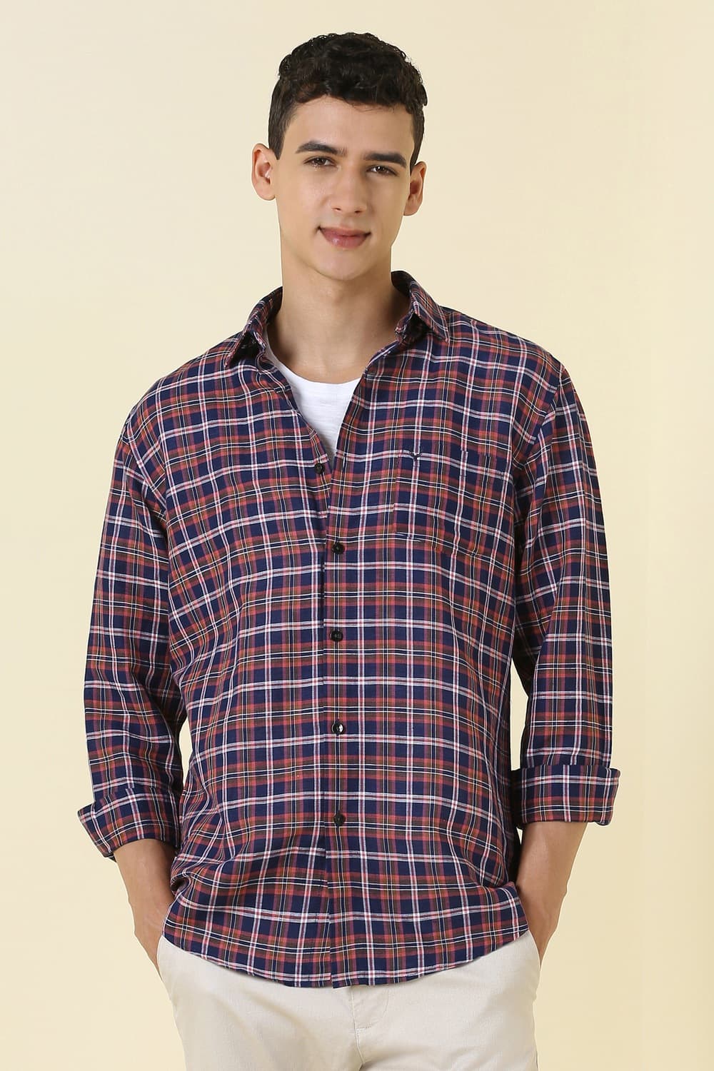 Men Navy Sport Fit Check Full Sleeves Casual Shirt