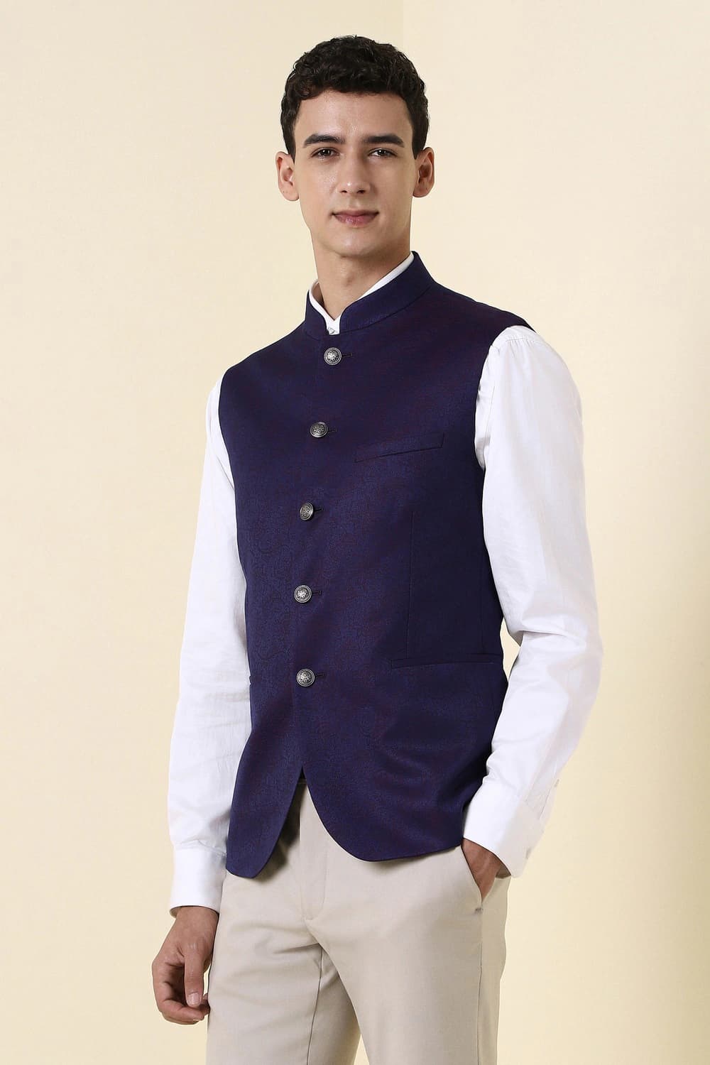 Men Textured Navy Party Nehru Jacket | Allen Solly