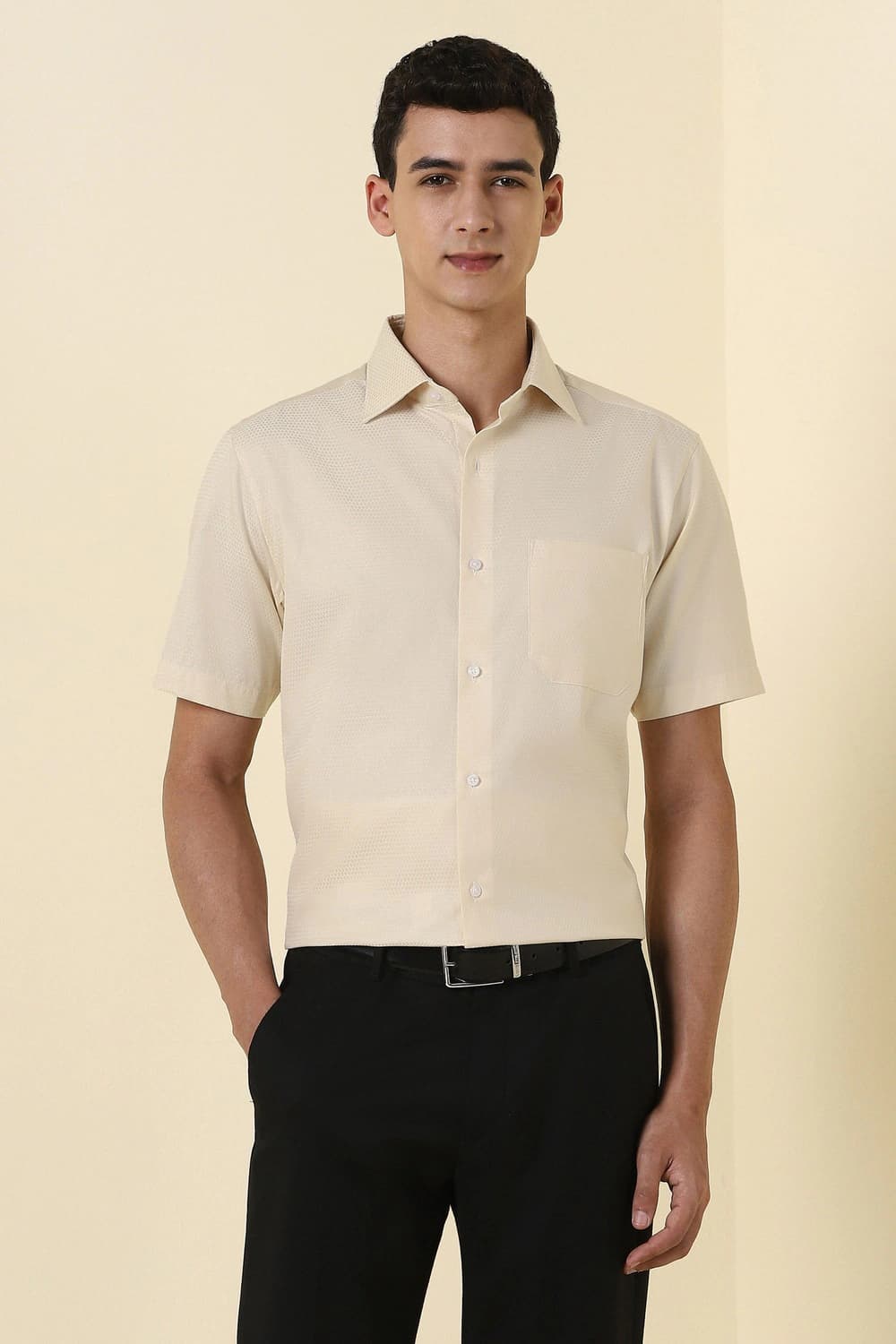 Men Beige Textured Half Sleeves Formal Shirt | Allen Solly
