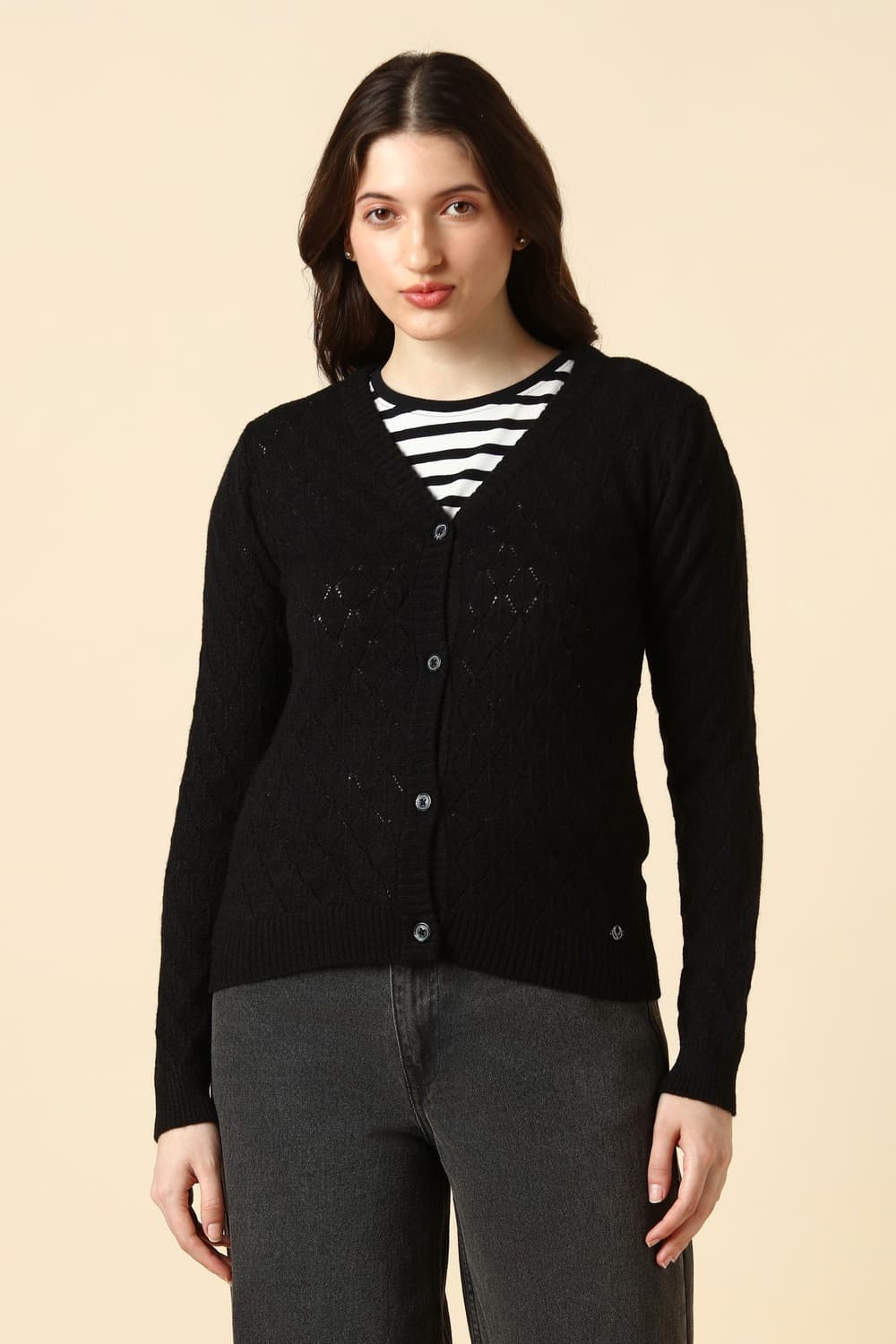 Women Black Textured V Neck Casual Sweater