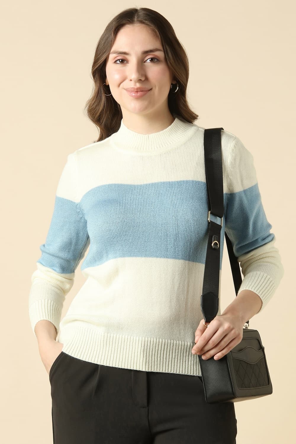 Women Cream Patterned Round Neck Casual Sweater