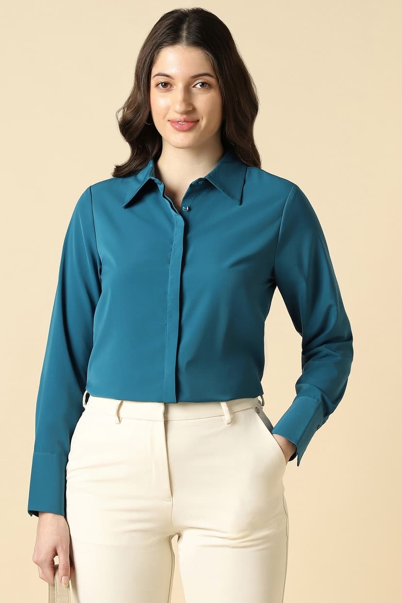 Women Blue Solid Long Sleeves Shirt