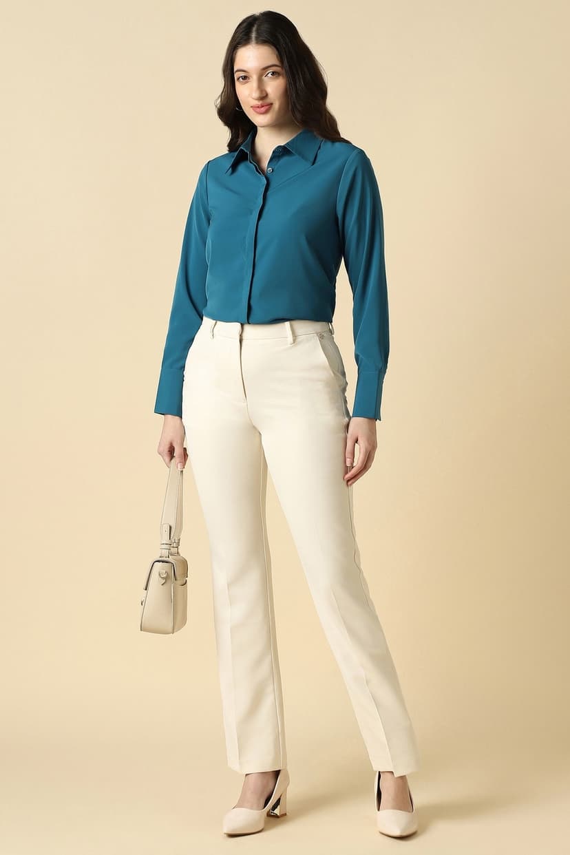 Women Blue Solid Long Sleeves Shirt