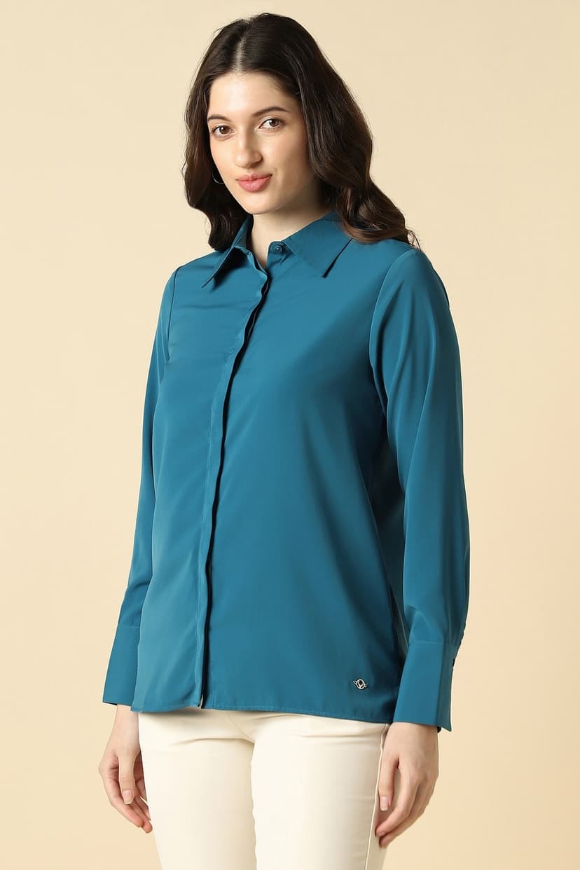 Women Blue Solid Long Sleeves Shirt