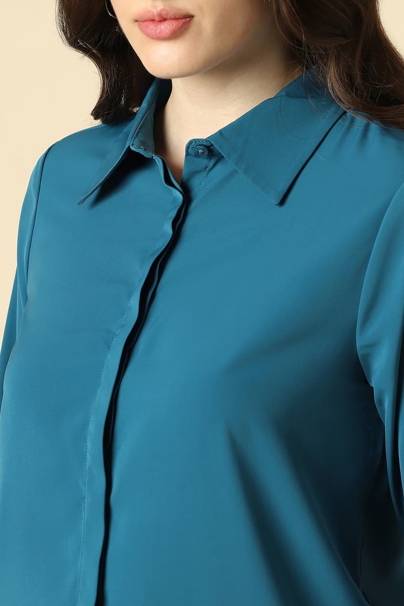 Women Blue Solid Long Sleeves Shirt
