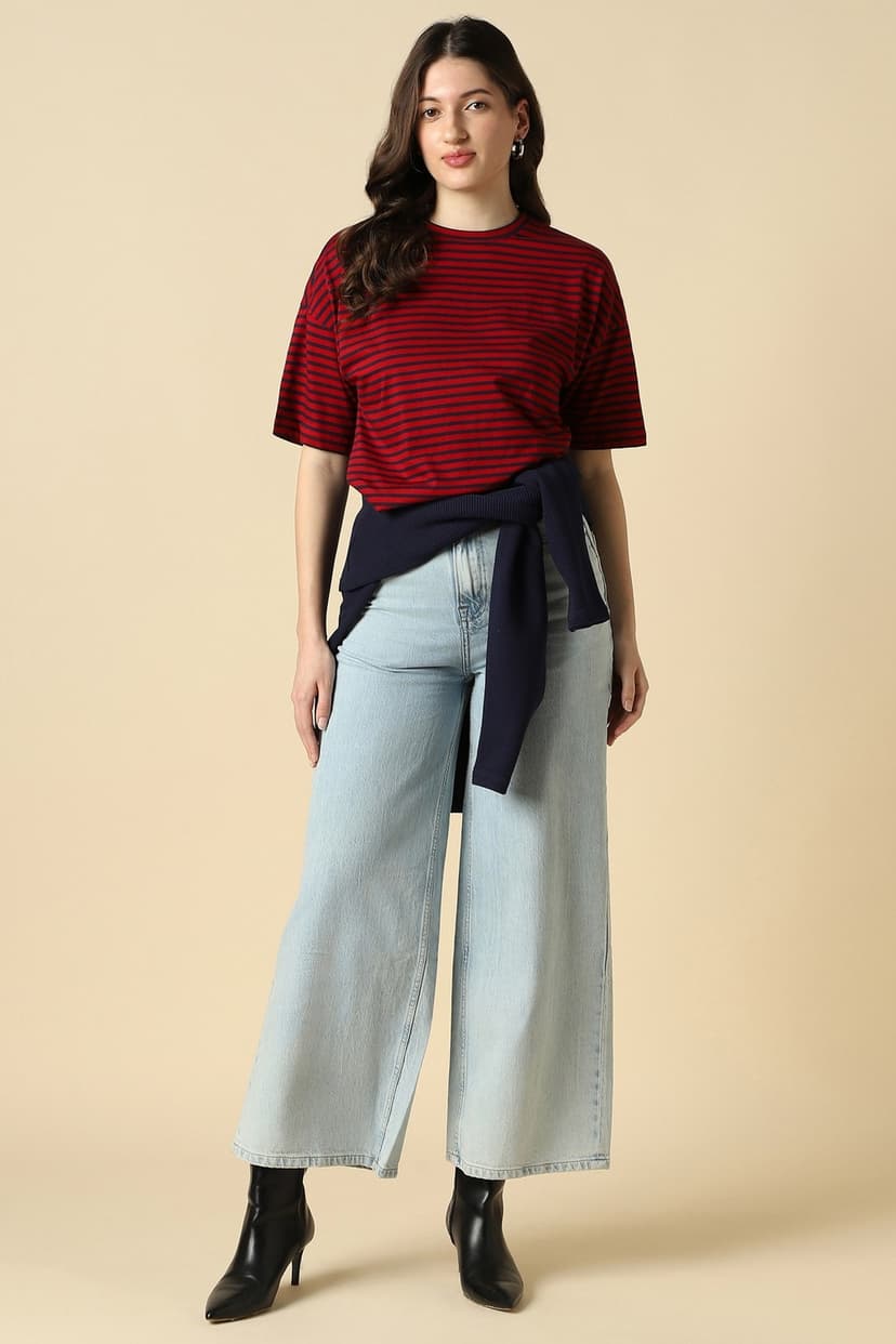 Women Red Stripe Casual T-shirt