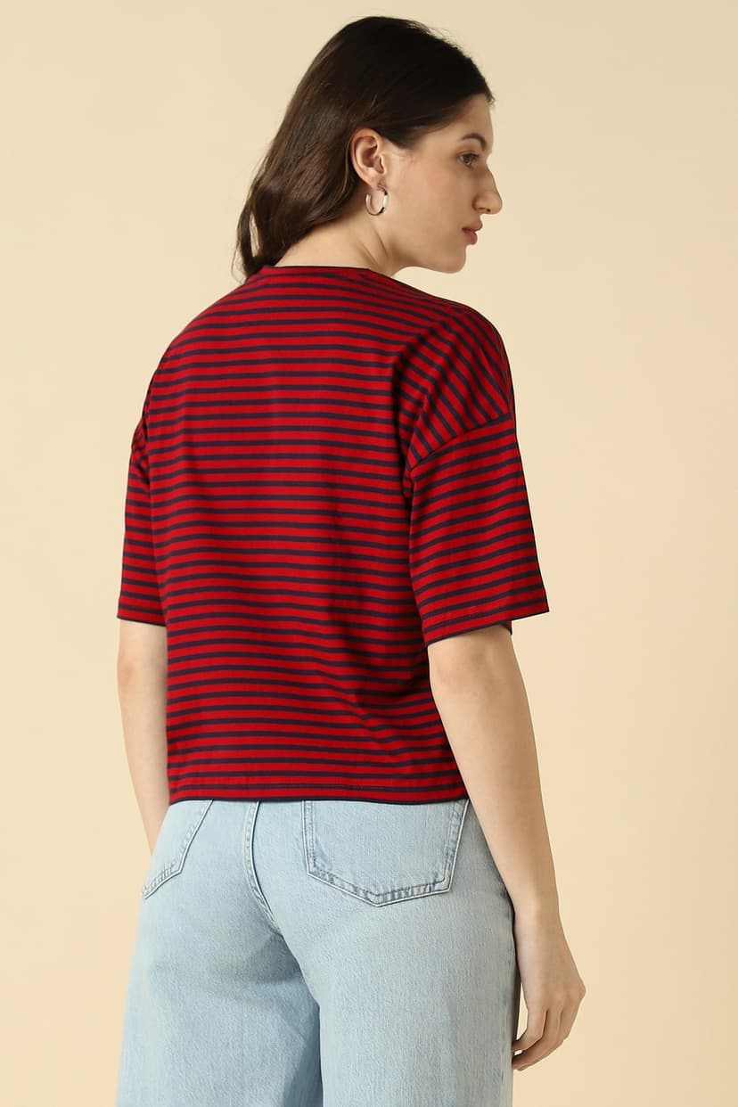 Women Red Stripe Casual T-shirt