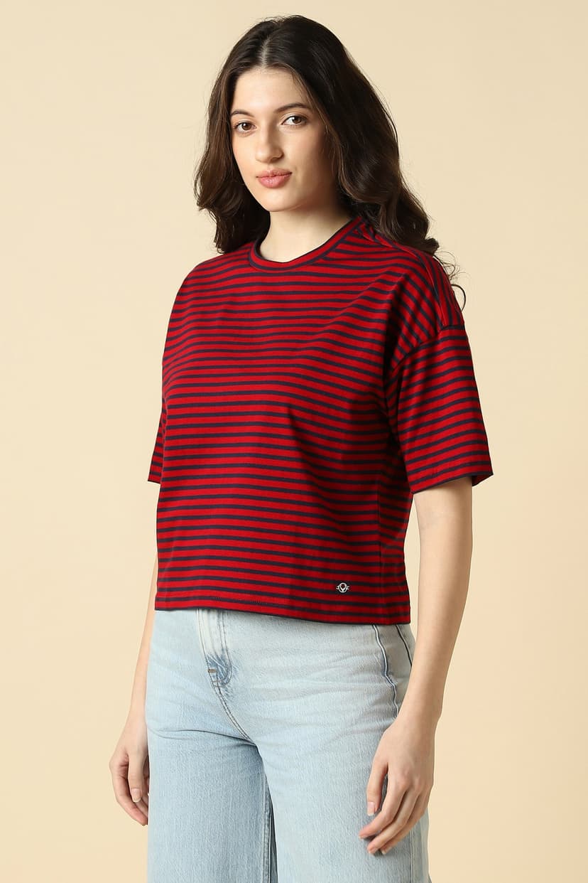 Women Red Stripe Casual T-shirt