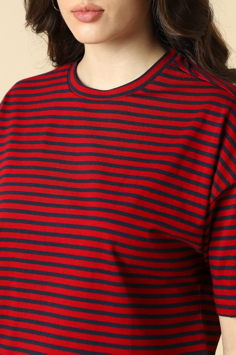 Women Red Stripe Casual T-shirt