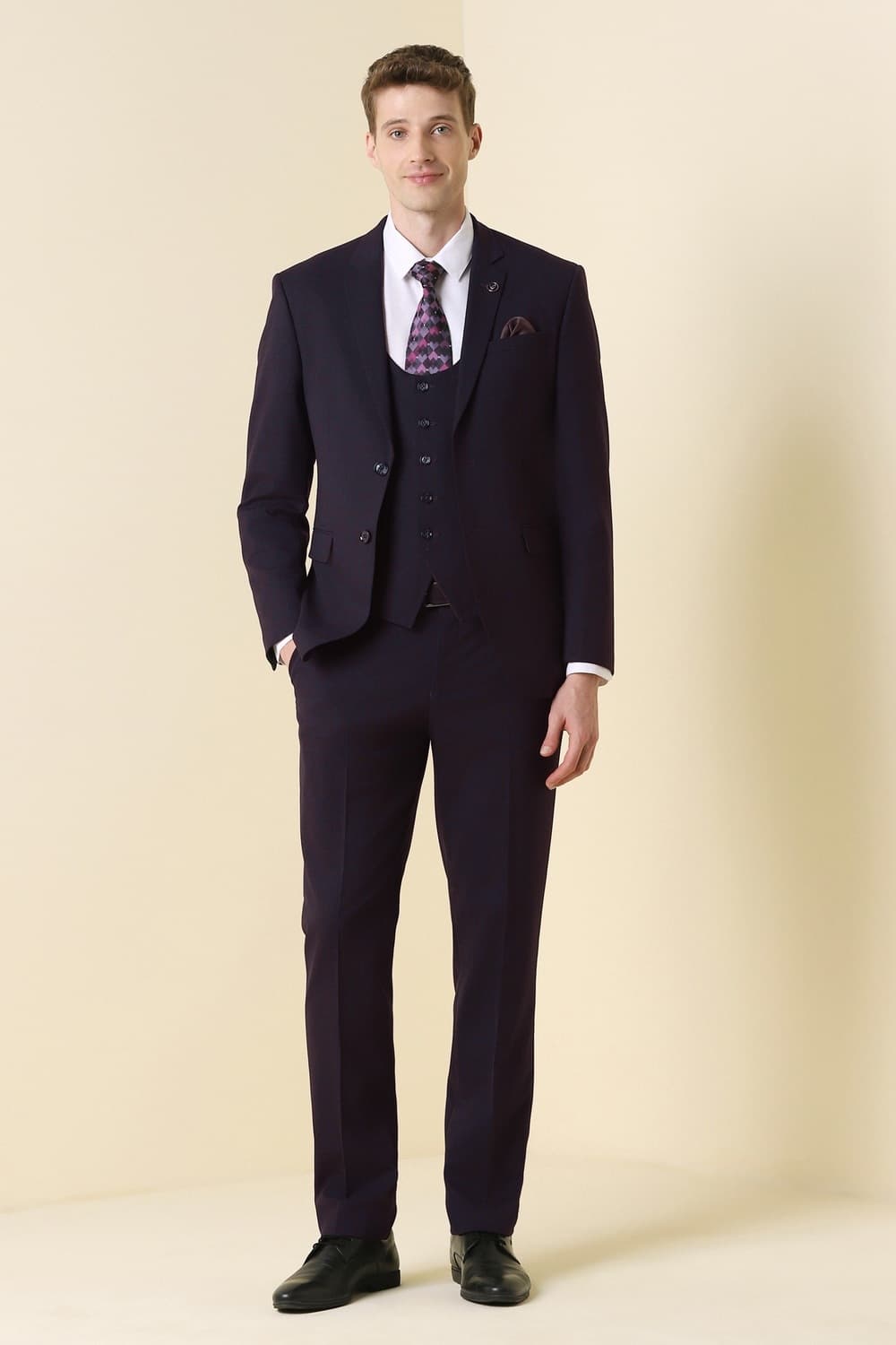 Men Purple Check Formal Three Piece Suit