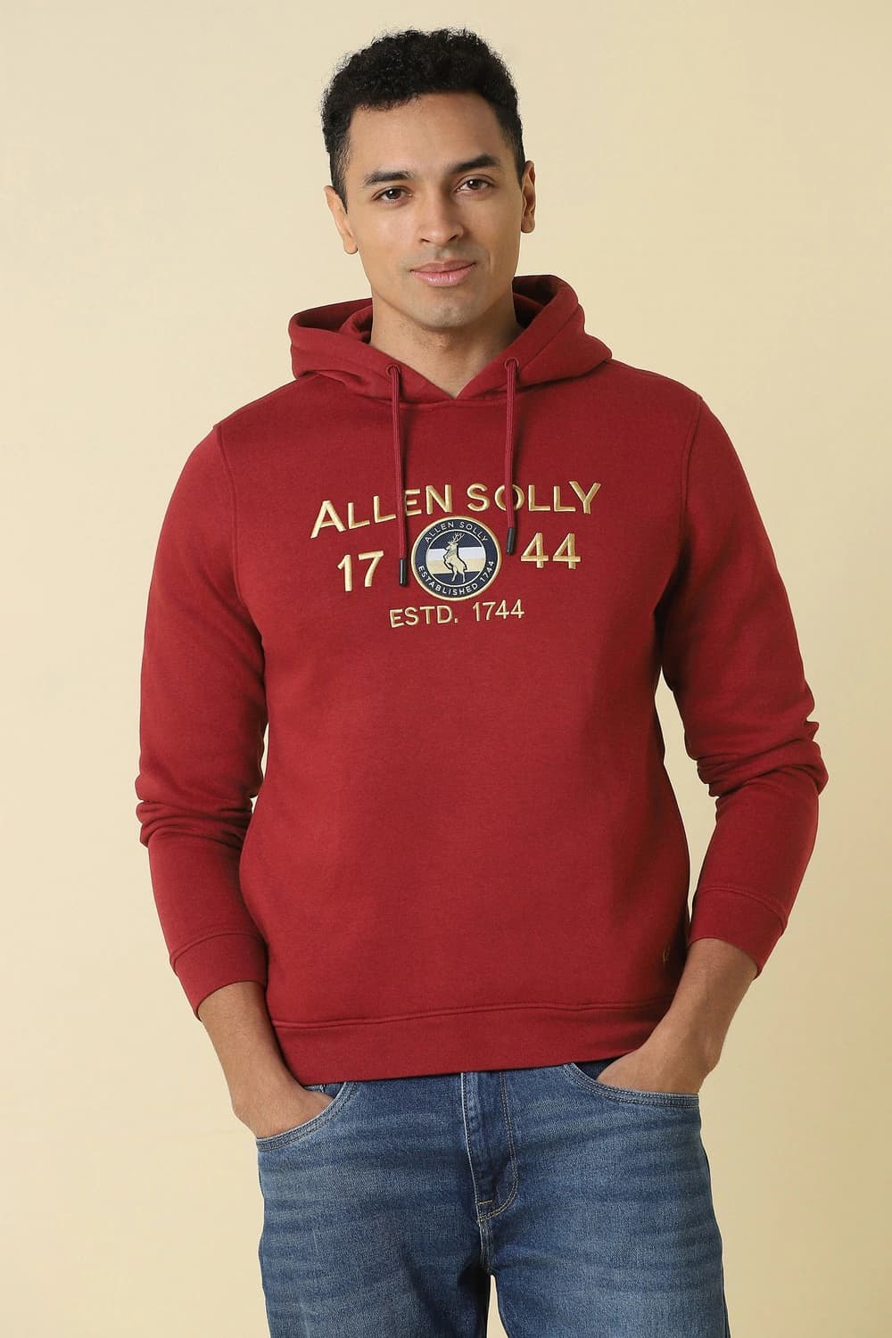 Men Maroon Hooded Neck Full Sleeves Casual Sweatshirt | Allen Solly Men Maroon Hooded Neck Full Sleeves Casual Sweatshirt | Allen Solly