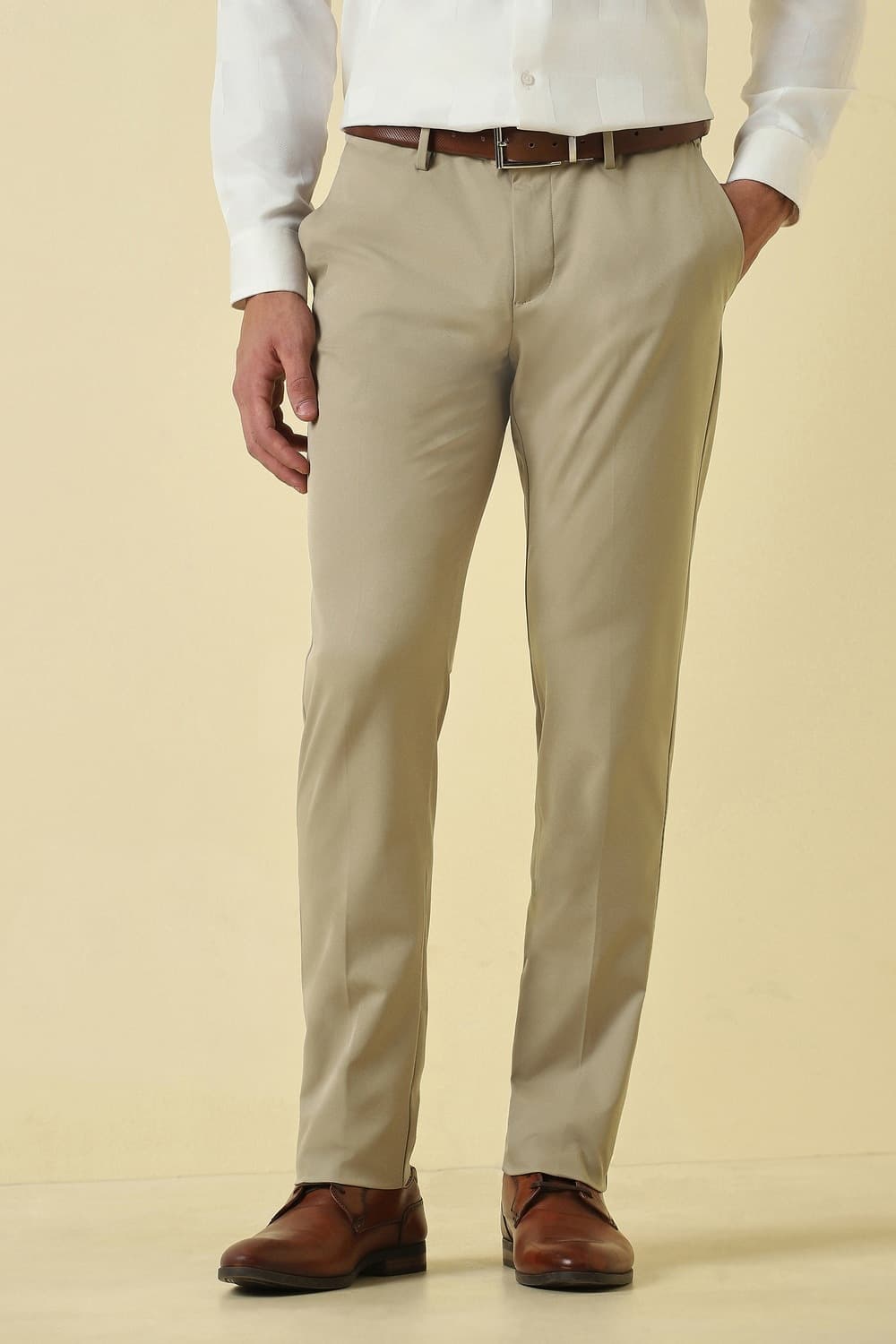 Men Beige Solid Formal Trousers