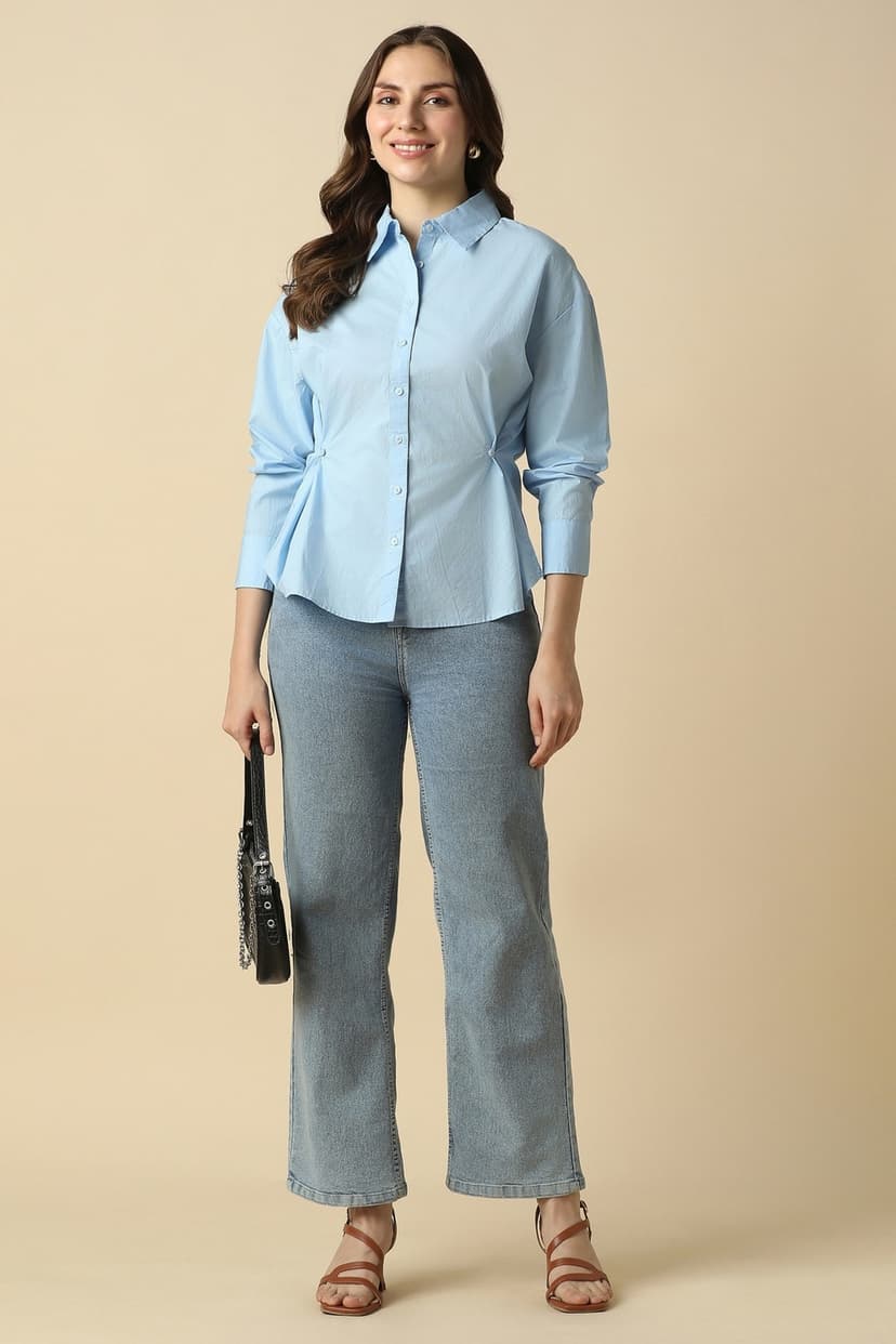 Women Light Blue Solid Long Sleeves Shirt