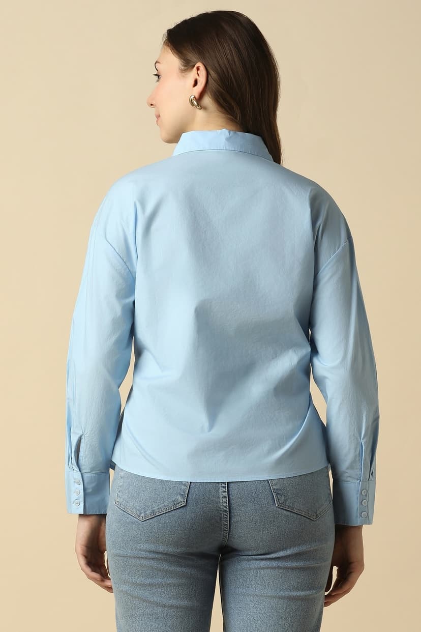 Women Light Blue Solid Long Sleeves Shirt