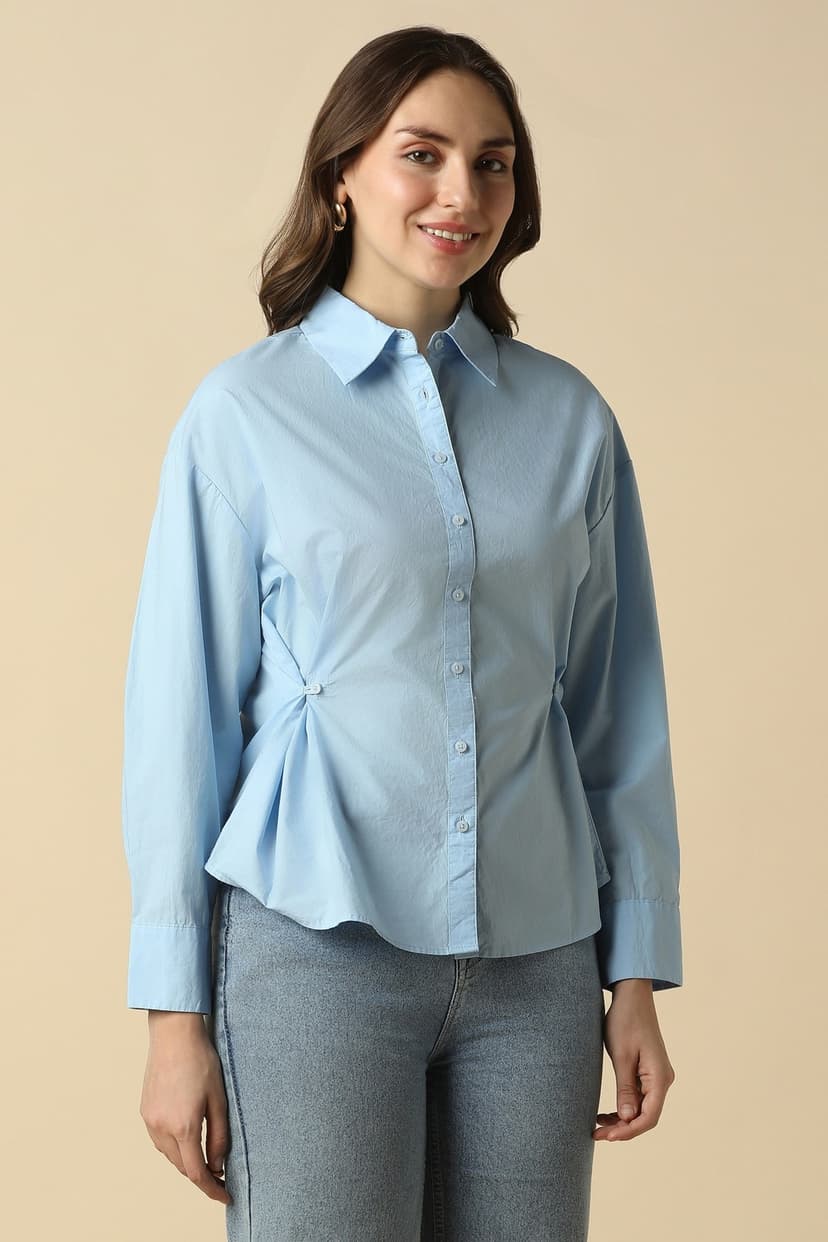 Women Light Blue Solid Long Sleeves Shirt