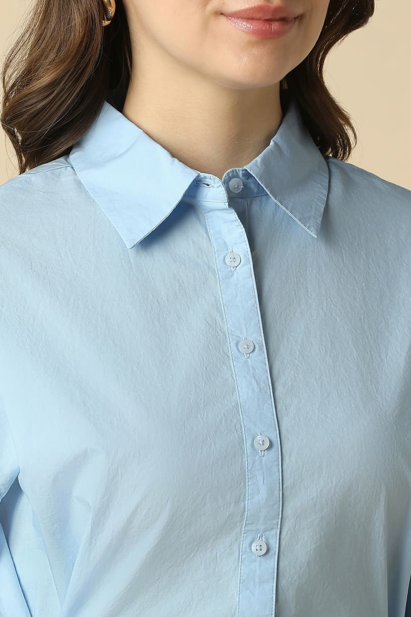 Women Light Blue Solid Long Sleeves Shirt