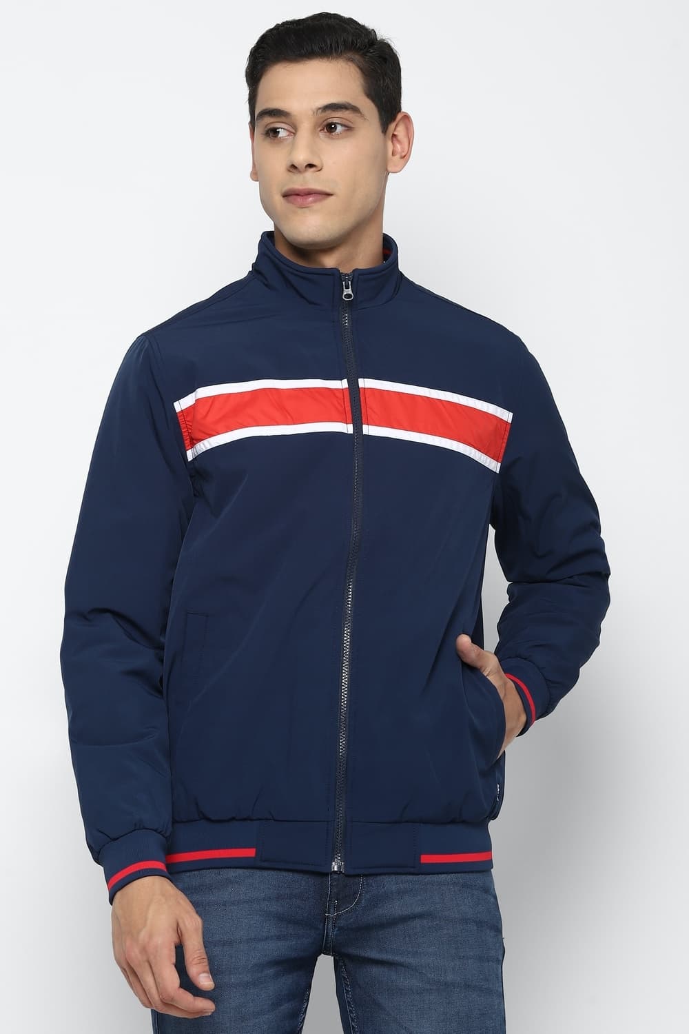 Men Navy Patterned Full Sleeves Casual Jacket | Allen Solly
