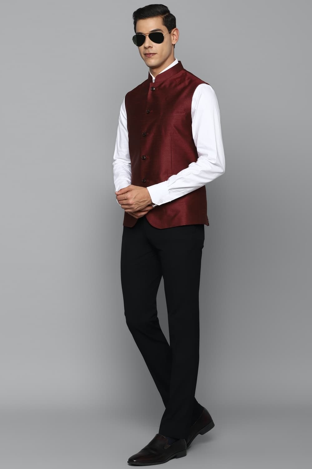 Men Solid Maroon Party Nehru Jacket