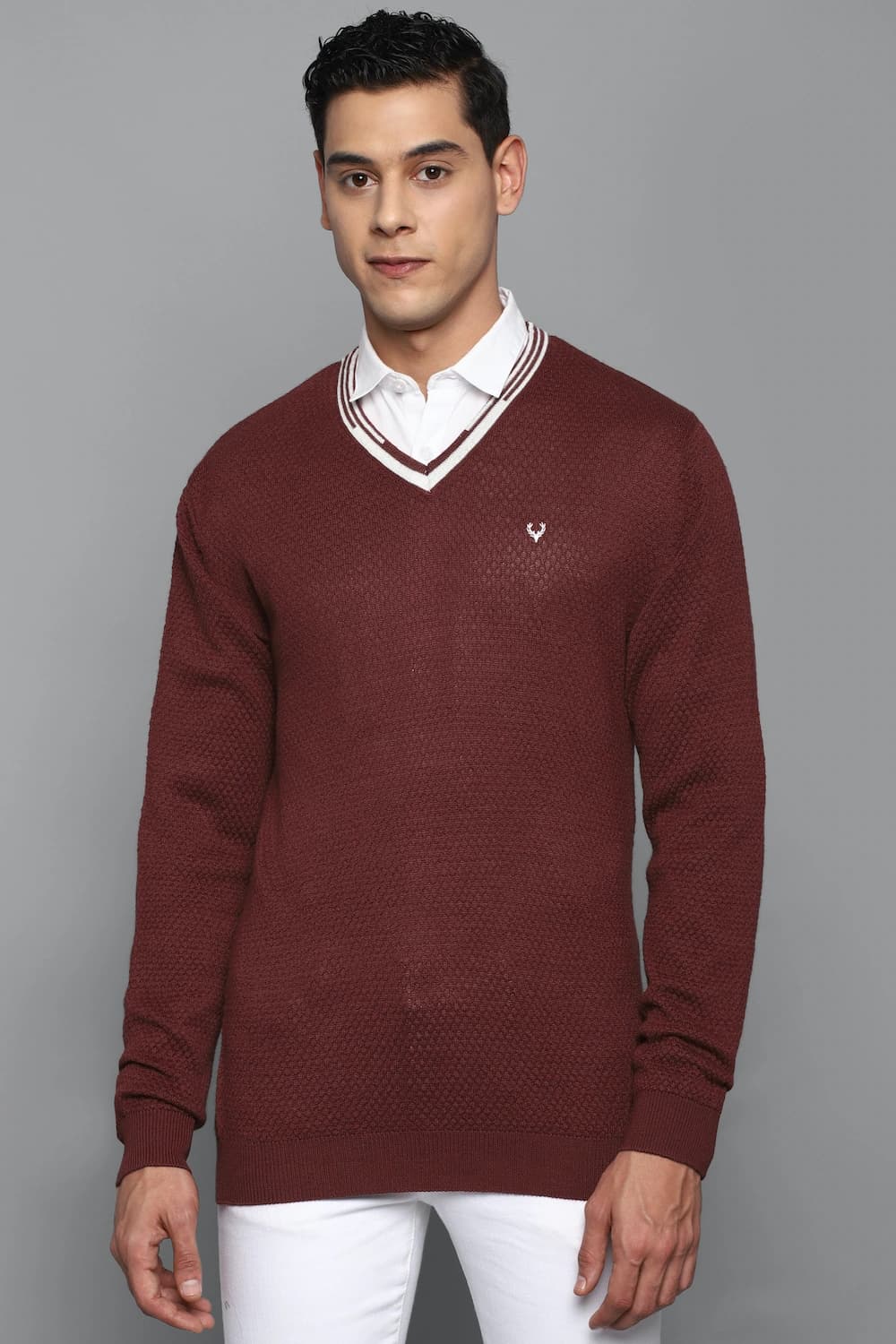 Men Maroon Solid V Neck Full Sleeves Sweater | Allen Solly Men Maroon Solid V Neck Full Sleeves Sweater | Allen Solly