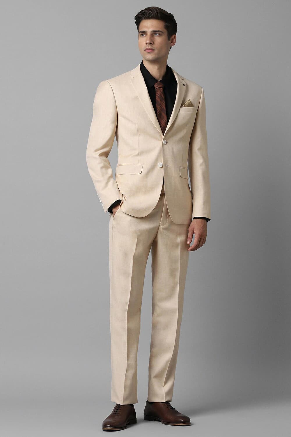 Men Linen Blend Beige Slim Fit Textured Formal Two Piece Suit | Louisphilippe