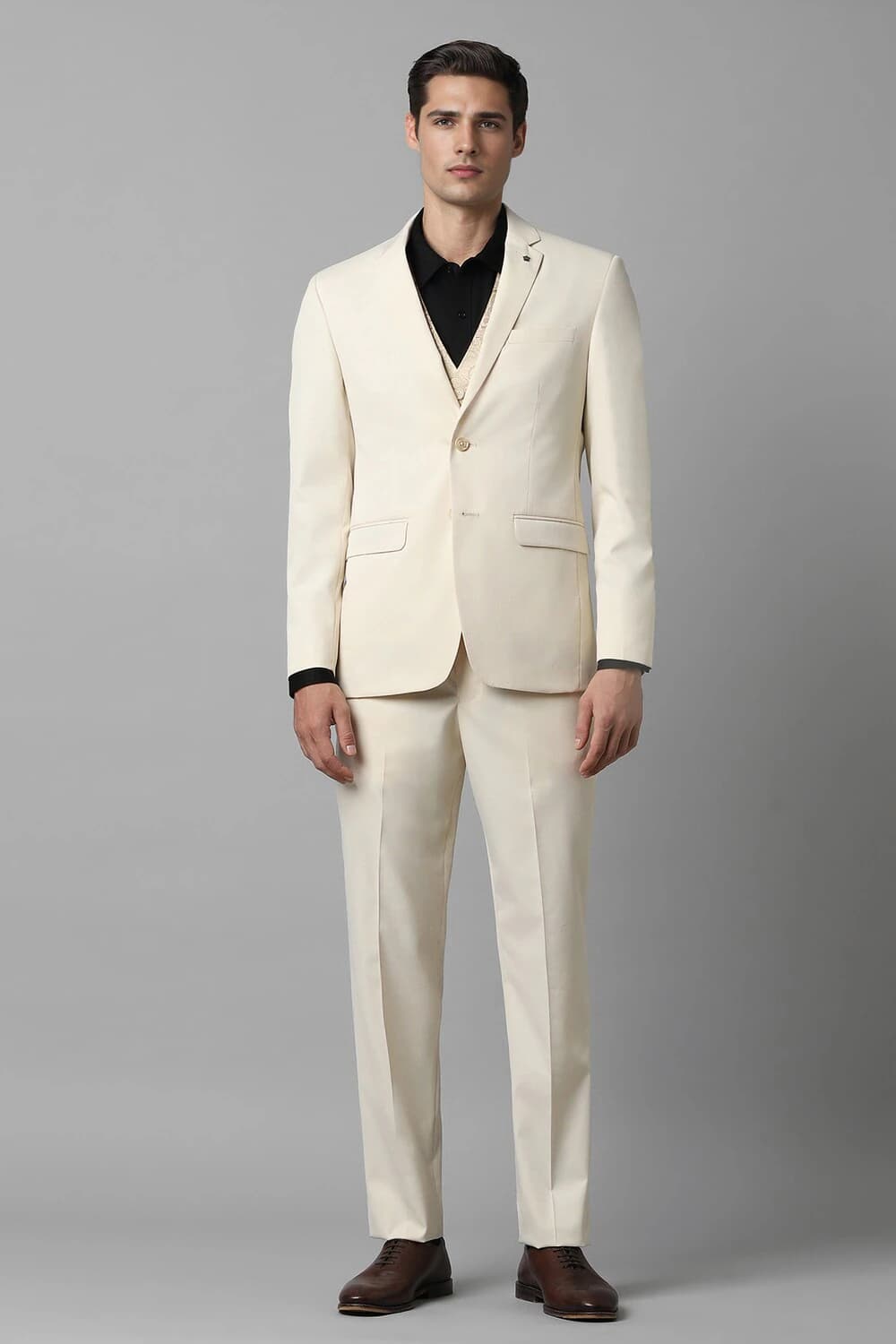 Men Cream Slim Fit Textured Formal Three Piece Suit | Louisphilippe