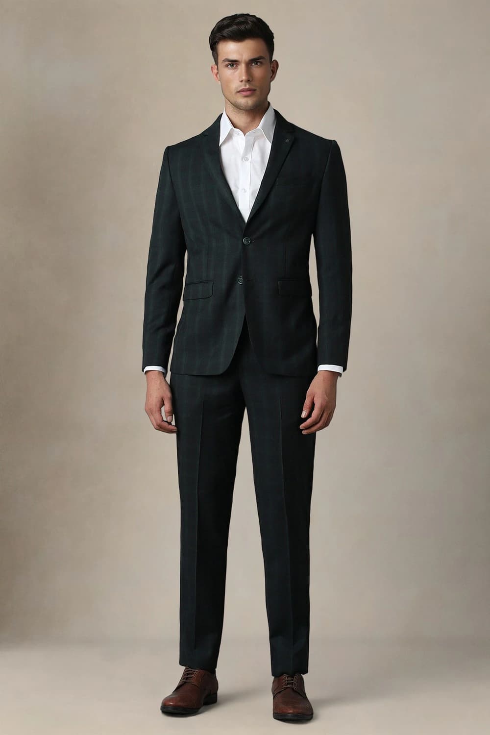 Men Green Slim Fit Check Formal Two Piece Suit | Louisphilippe