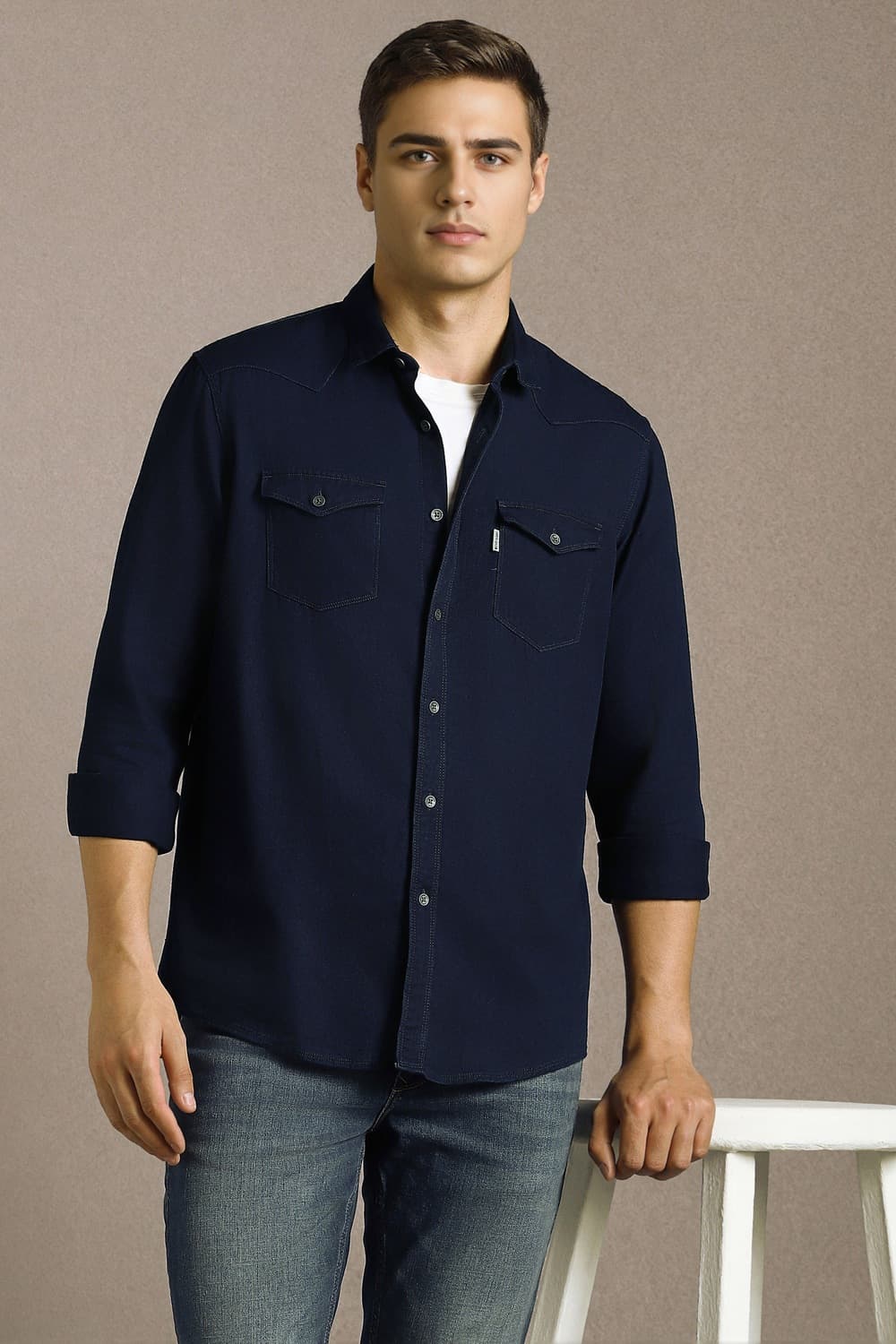 Men Premium Washed Look Slim fit Navy Denim Shirt | Louisphilippe