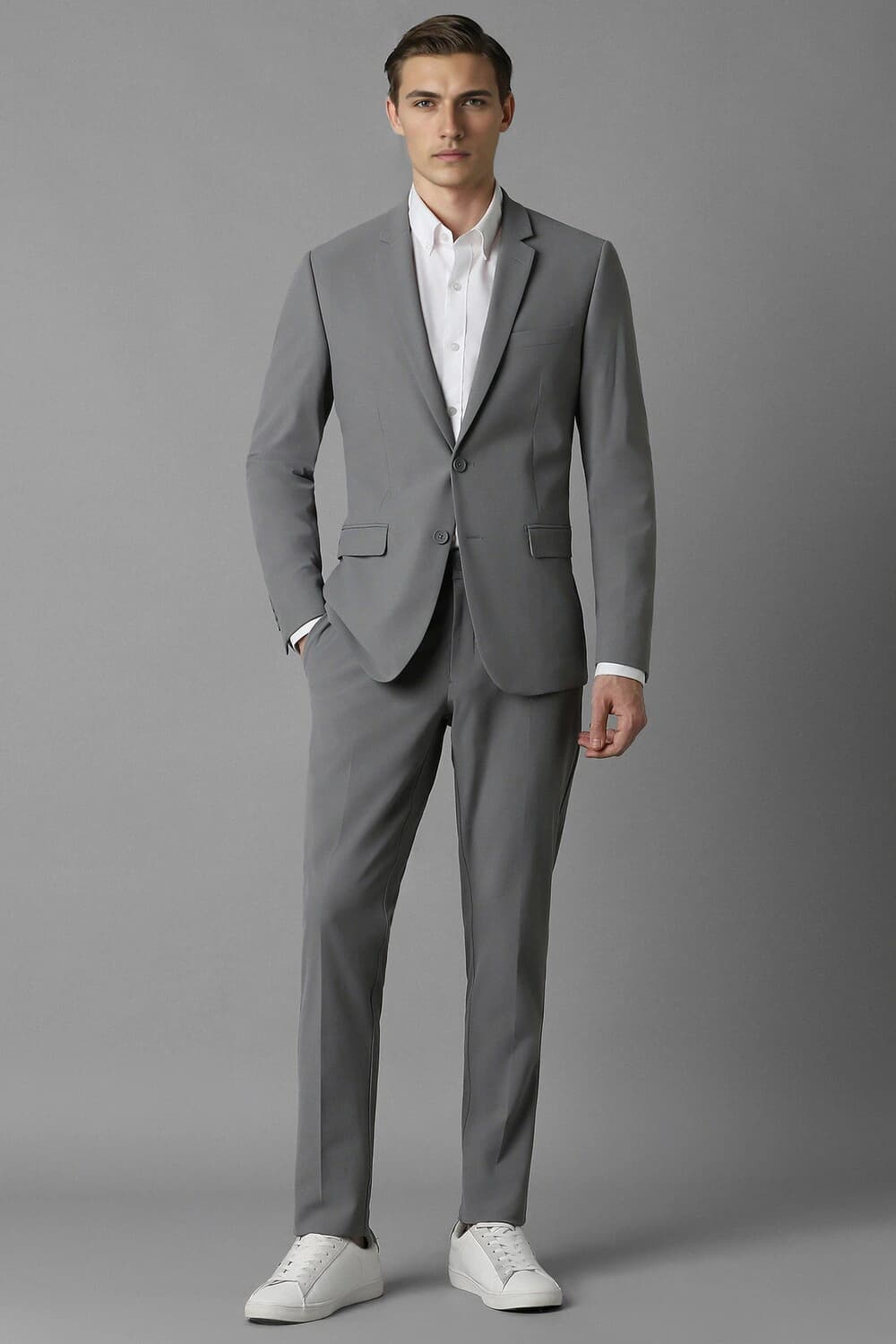 Men Grey Slim Fit Solid Casual Two Piece Suit | Louisphilippe Men Grey Slim Fit Solid Casual Two Piece Suit | Louisphilippe