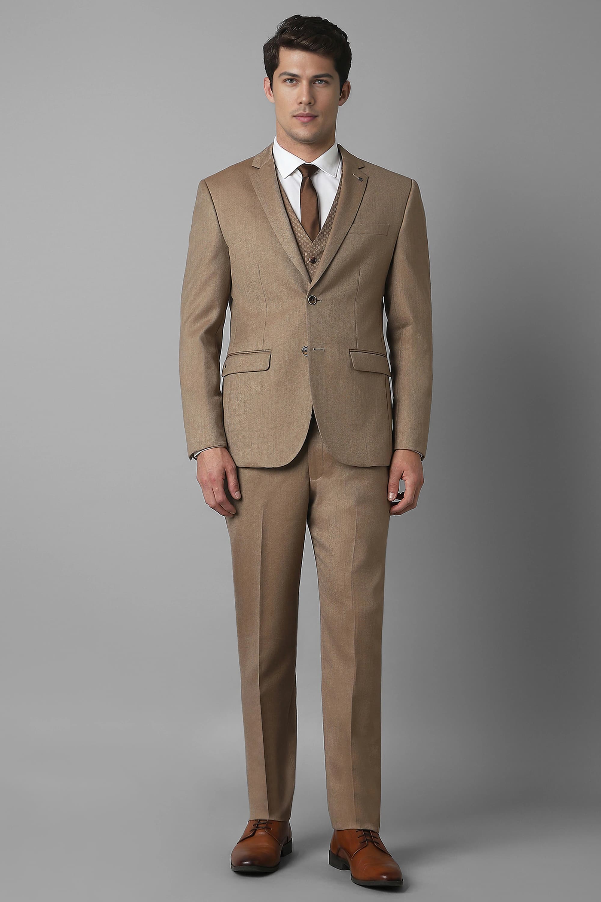 Men Brown Slim Fit Check Formal Three Piece Suit | Louisphilippe