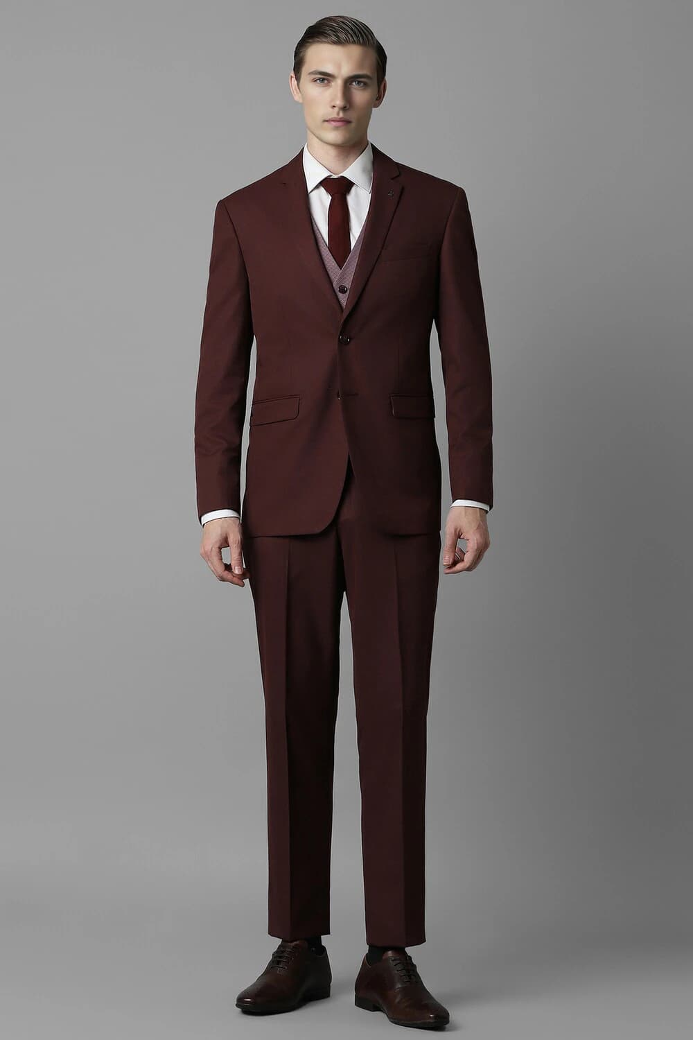 Men Maroon Slim Fit Solid Formal Three Piece Suit | Louisphilippe