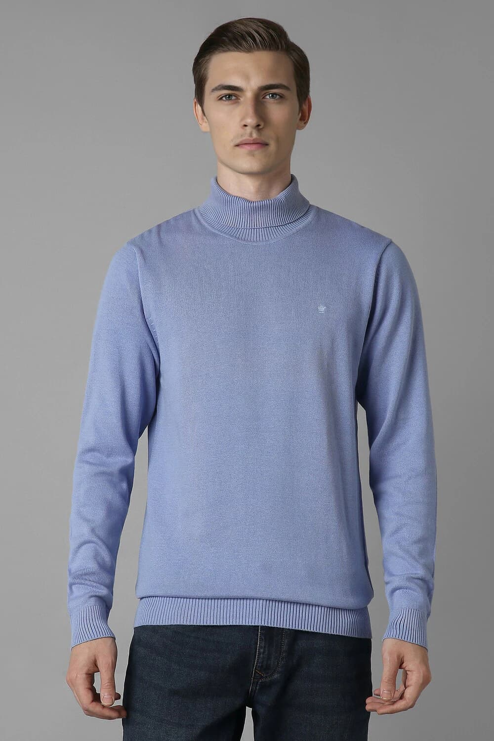 Men Blue Solid Turtle Neck Full Sleeves Sweater | Louisphilippe Men Blue Solid Turtle Neck Full Sleeves Sweater | Louisphilippe