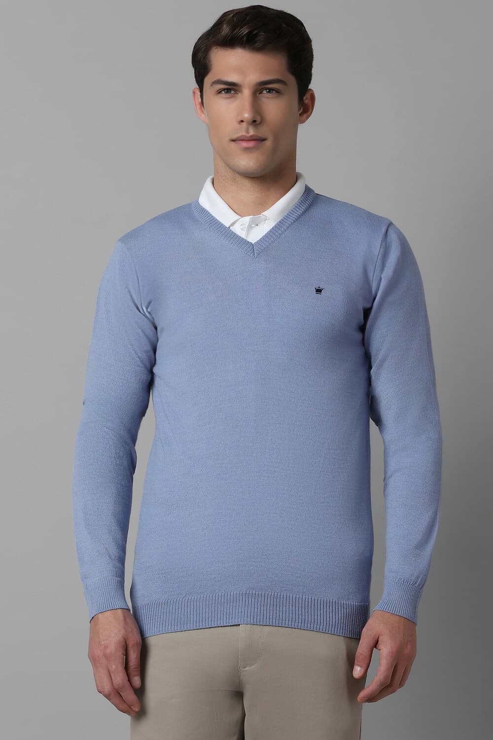 Men Blue Solid V Neck Full Sleeves Sweater | Louisphilippe