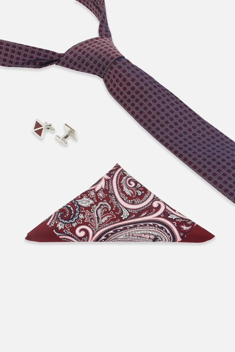 Men Maroon Embroidered Tie Pocket Square And Cufflink | Louisphilippe