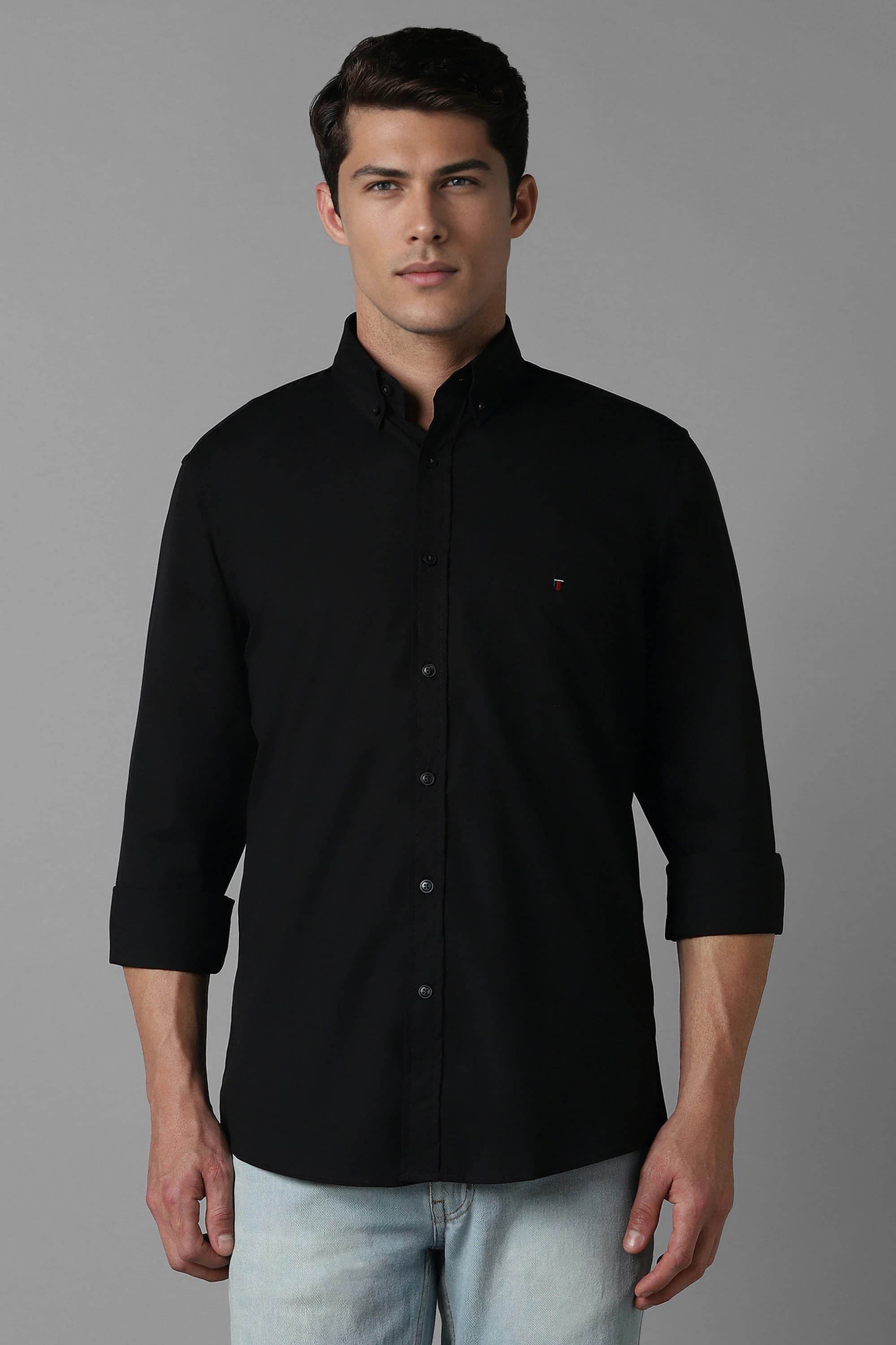 Men Black Slim Fit Solid Full Sleeves Casual Shirt | Louisphilippe