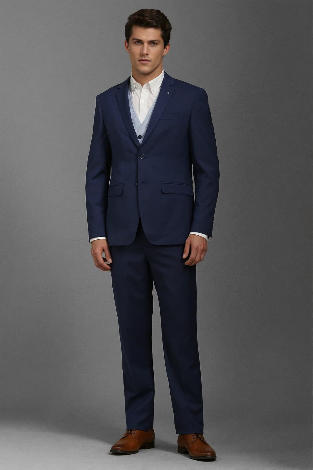 Men Navy Slim Fit Textured Formal Three Piece Suit | Louisphilippe