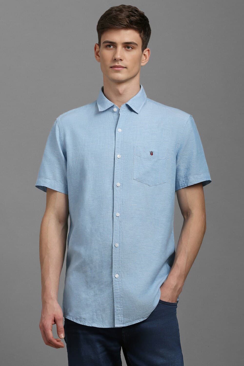 Men Blue Slim Fit Textured Half Sleeves Casual Shirt | Louisphilippe